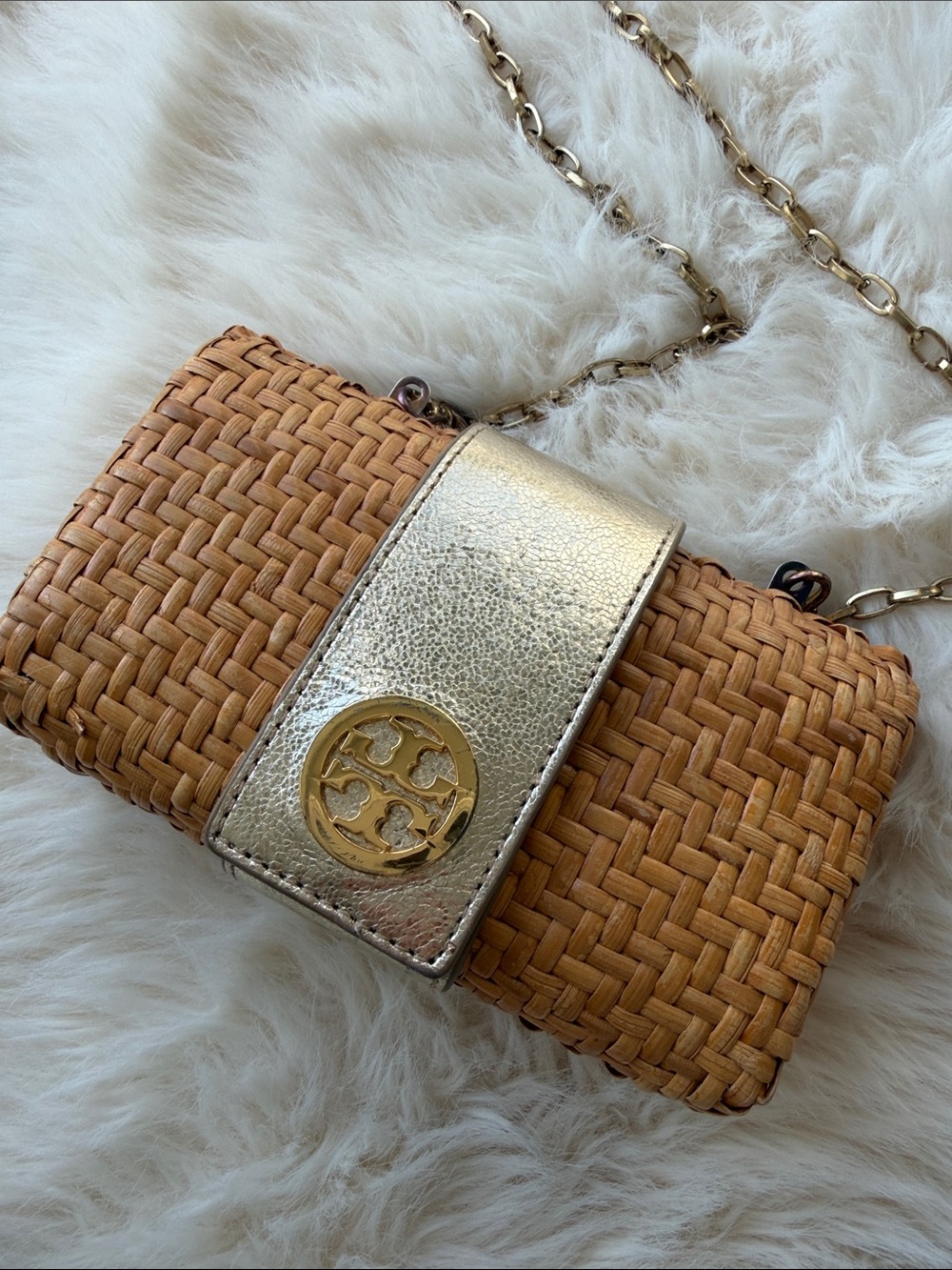 Tory Burch Rattan Woven Crossbody clutch combo with Metallic Strap Accent